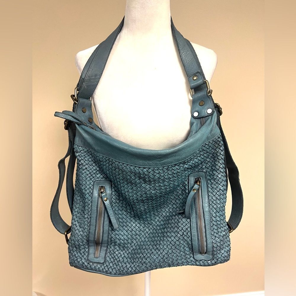 Milo Teal woven leather Shoulder Bag/ bookbag